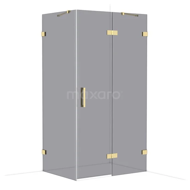 Grey glass shower cabin with gold-coloured hinges and handle, stylish and modern for a luxury bathroom design.
