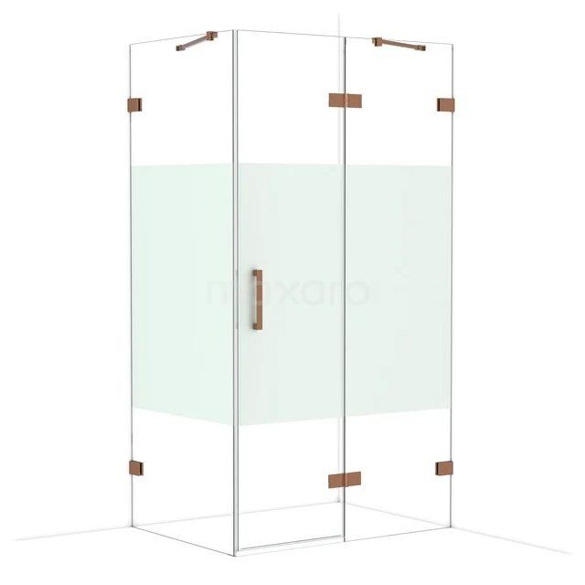 Glass shower cabin with frosted centre piece, corner shape and brass details; stylish for modern bathrooms.