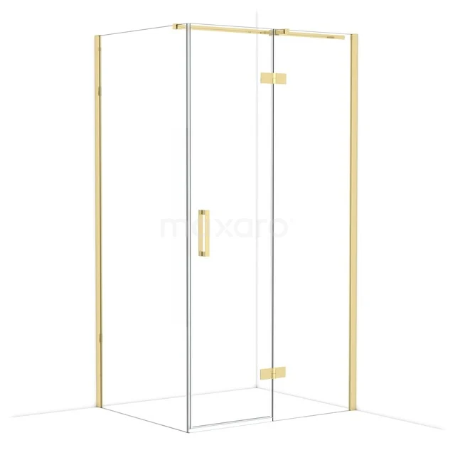 Duschkabine mit goldenen Akzenten, eckiger Form, Klarglas und metallischem Haltegriff; elegantes Design für jedes moderne Badezimmer.