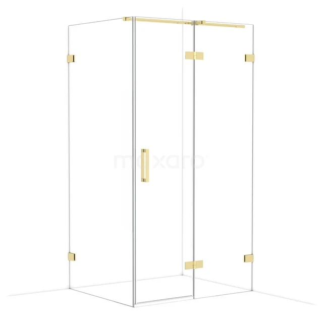 Glass shower cabin with gold accents, corner design, ideal for a modern bathroom.