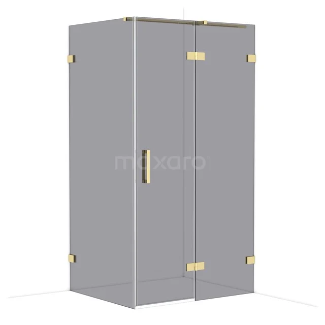 Grey shower cabin with gold accents, glass doors and modern design, ideal for a luxury bathroom.