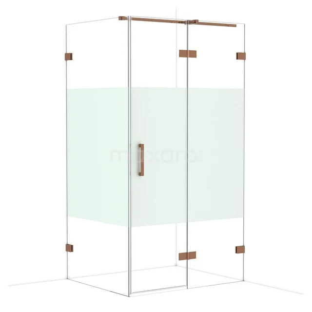 Glass shower cabin with matte gold-coloured hinges and handle, minimalist design for a modern bathroom.