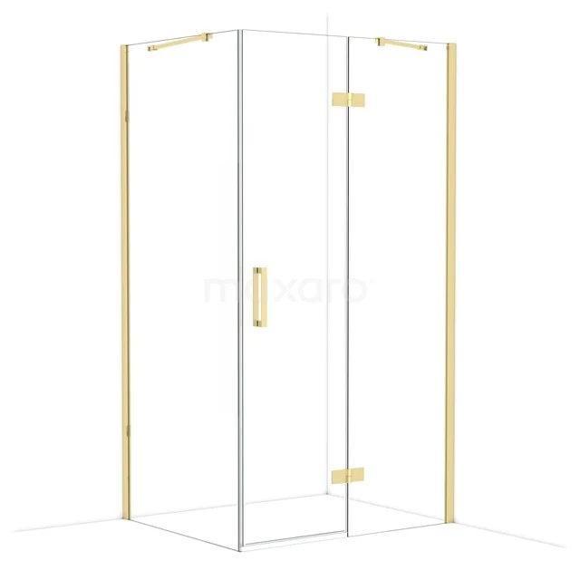 Gouden hoekdouchecabine met helder glas en stijlvolle scharnieren, ideaal voor een luxe en moderne badkamer.