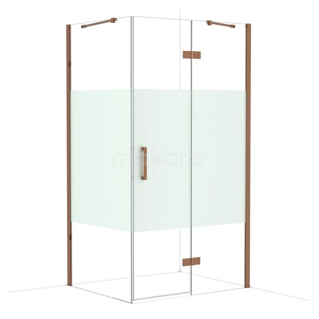 Hoekdouchecabine glas met mat witte details, messing deurknop en minimalistisch design, perfect voor moderne badkamers.