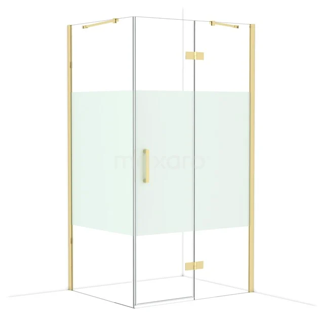 Shower cabin with gold accents, corner model, clear glass with matte band design, perfect for a modern bathroom.