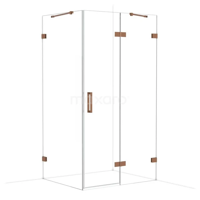 Glass shower cabin with a square shape, brass accents and sleek lines, perfect for a modern bathroom.