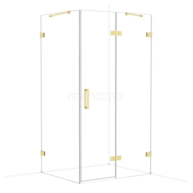 Glasene Duschkabine mit goldenen Details, Eckmodell, schlankes Design, perfekt für ein modernes Badezimmer.
