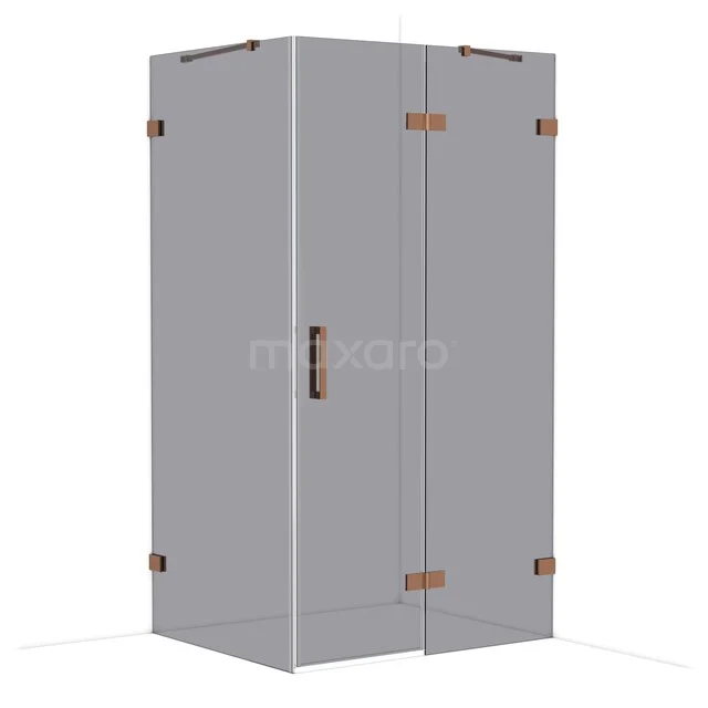 Glazen douchecabine met hoekvorm, bronskleurige scharnieren en deurhandvat, perfect voor een moderne badkamer inrichting.