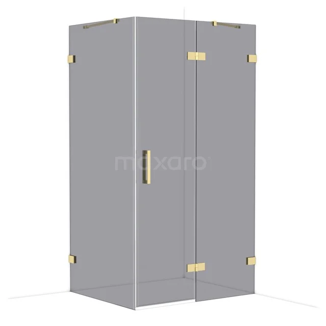 Glass shower cabin with gold hinges and handle, modern design, perfect for luxury bathroom decor.