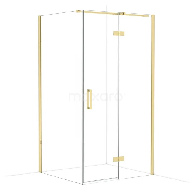 Duschkabine mit goldenem Rahmen, Glastüren und Eckaufstellung, ideal für einen luxuriösen Badezimmerstil.