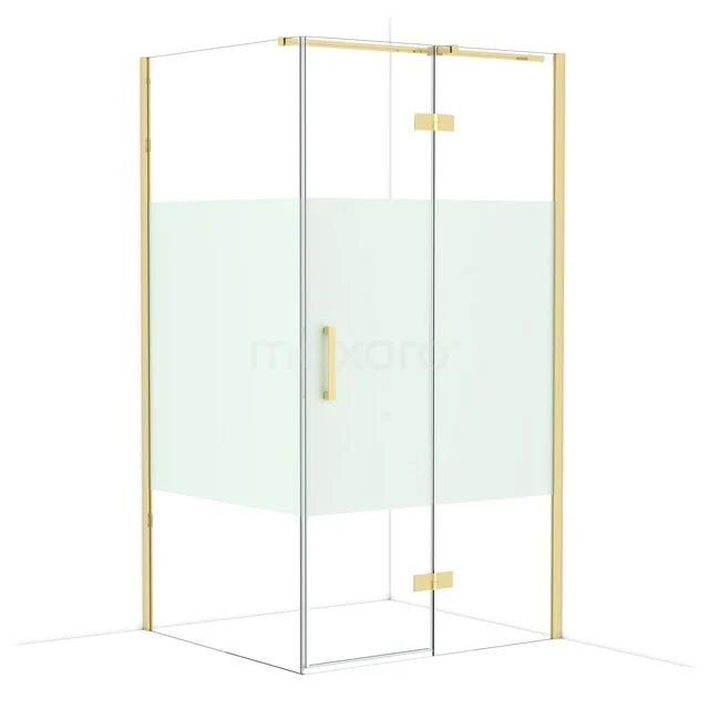 Diamond Shower cabin | 110x100 cm Shiny light gold Clear with matt strip Pivot door Rectangle CDB226510313GLG Glass shower cabin with gold-coloured frame and swing door, modern design, perfect for a luxury bathroom style.