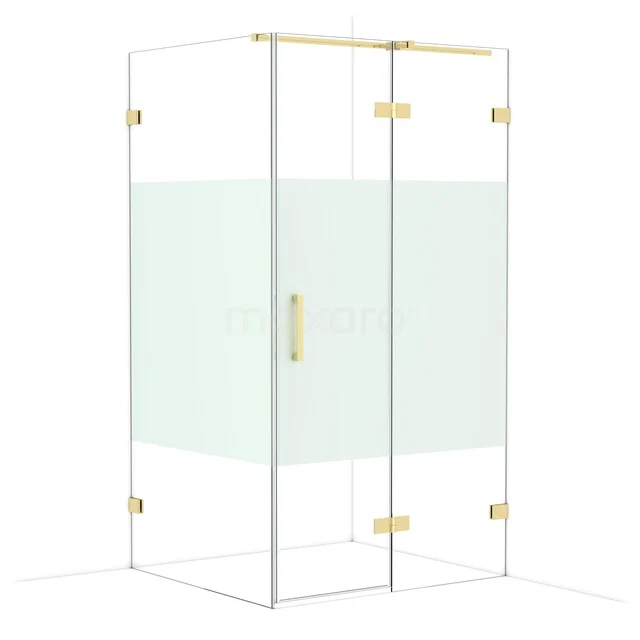 Glazen douchecabine met mat gouden beslag, hoekmodel met transparant en matglas, perfect voor een moderne badkamerstijl.