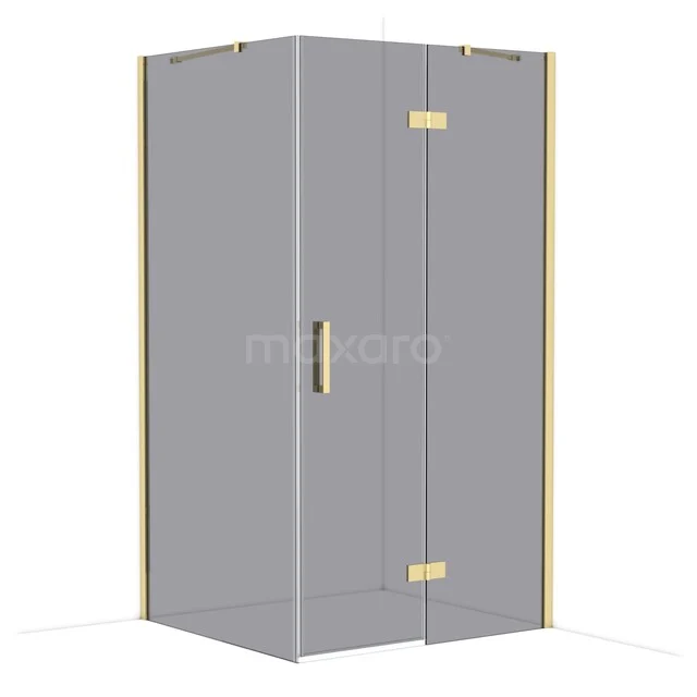 Corner shower with gold-coloured details, glass doors and sleek design, perfect for a modern bathroom style.