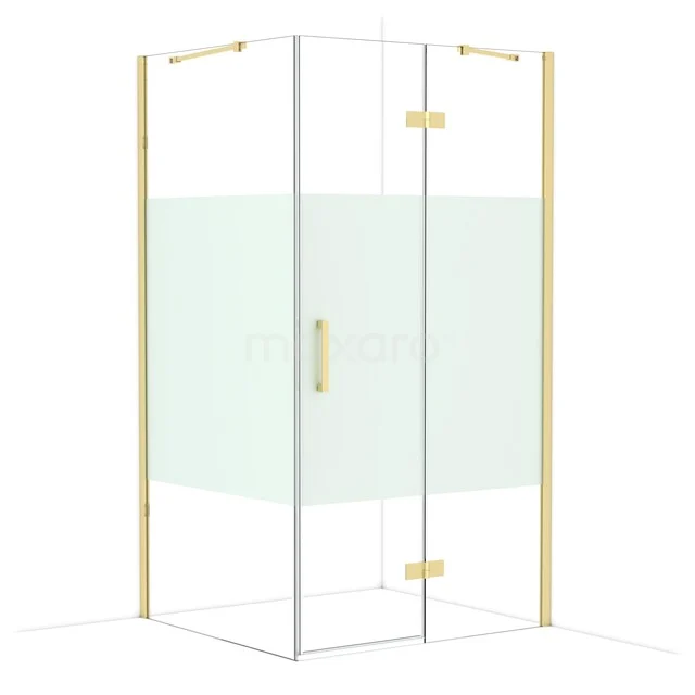 Glazen douchecabine vierkant met mat gouden profielen en helder glas, ideaal voor een moderne badkamer.