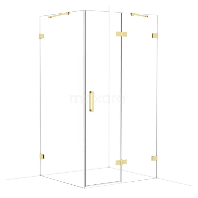 Glas Duschkabine mit goldfarbenen Scharnieren und Griff, moderner Badezimmerstil, eckiges Design.