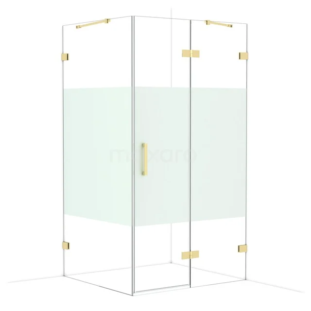 Douchecabine hoekmodel met gouden accenten en matglas, perfect voor een luxe badkamerstijl.