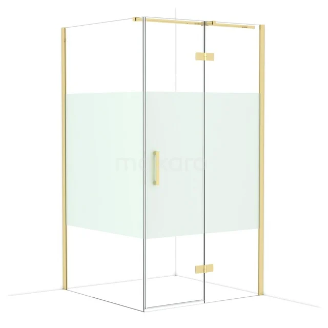Diamond Shower enclosure | 110x110 cm Glossy light gold Clear with matt strip Pivot door Square CDB226511313GLG Vierkante douchecabine met gouden frame, mat glazen middenpaneel en scharnierdeur. Luxueuze toevoeging voor elke badkamer.
