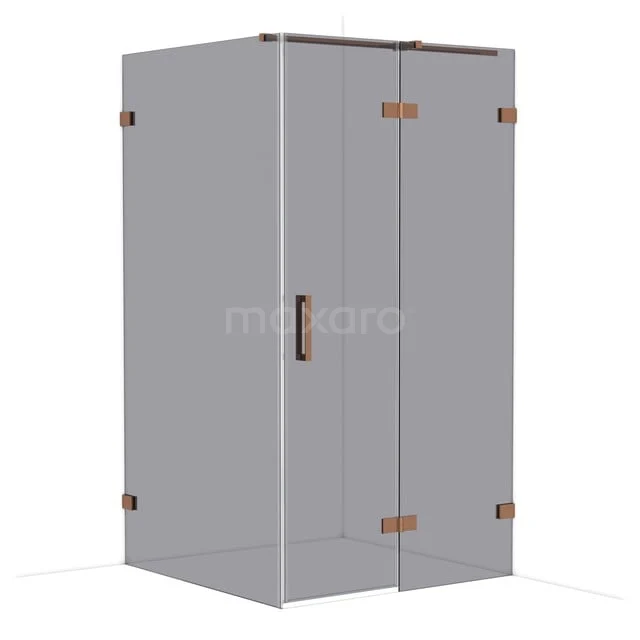 Douchecabine met hoekdeur, glas met matte afwerking, metalen scharnieren in koperkleur, ideaal voor moderne badkamers.