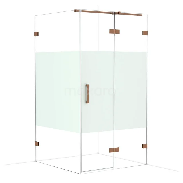 Glass shower cabin with copper-coloured accents and frosted glass details, ideal for a modern bathroom style.