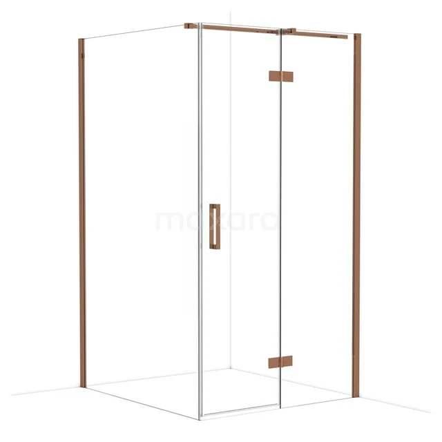 Glass shower cabin with corner door, rust-coloured accents, sleek design, perfect for modern bathroom decor.