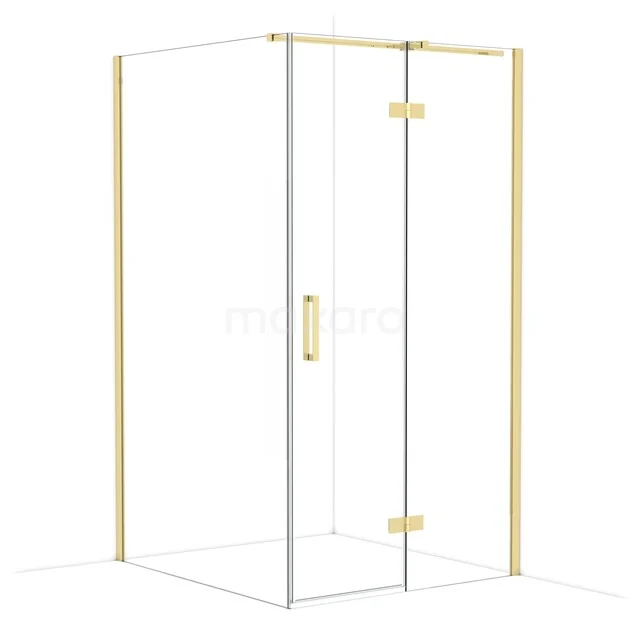Glass shower cabin with golden accents, corner design and minimalist style, perfect for modern bathrooms.
