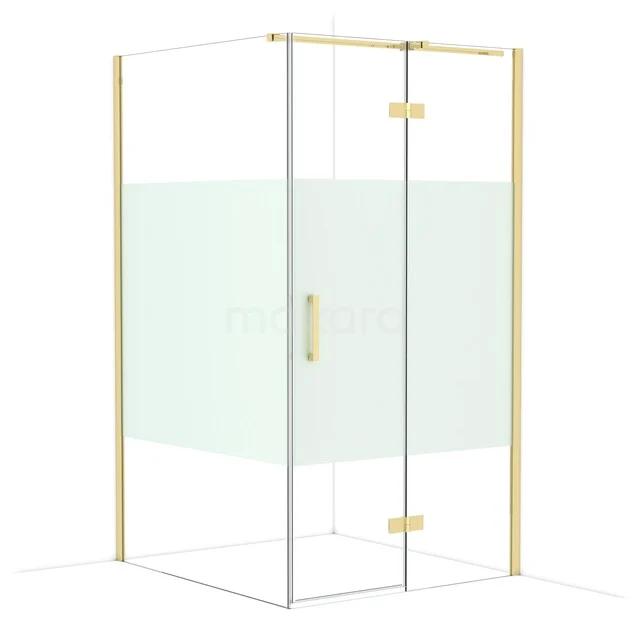 Mat glass shower cabin with gold-coloured profiles, corner entry and sleek design for a stylish and modern bathroom.