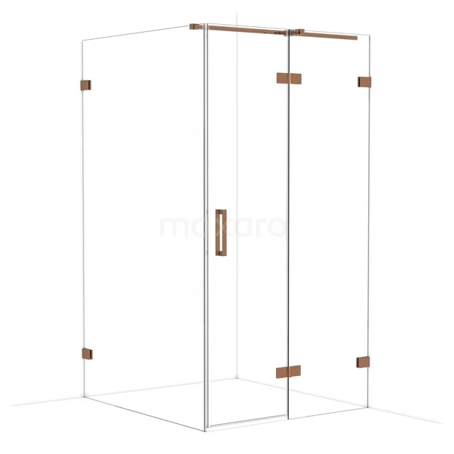 Corner shower cabin, clear glass with matte gold hinges and handle, a stylish addition to modern bathrooms.
