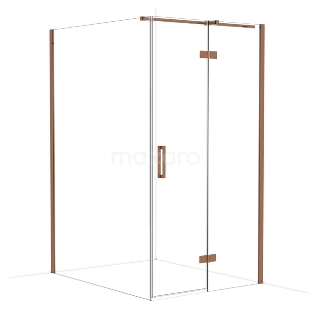 Shower cabin with glass walls, bronze finish and sliding door, modern design for a stylish bathroom.