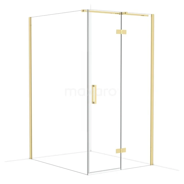Douchecabine van helder glas met gouden afwerking, stijlvol hoekmodel voor moderne badkamers.