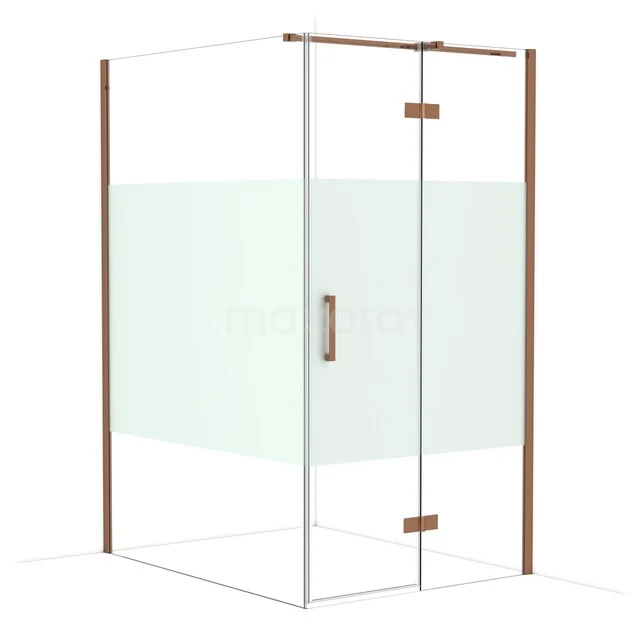 Glass shower cabin with gold-coloured frame and swinging door, ideal as a stylish addition to any modern bathroom.