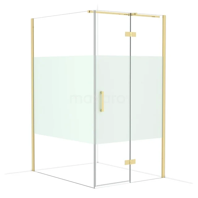 Goldene Duschkabine aus Glas mit matt weißem Streifen, modernes Design für ein stilvolles Badezimmer.