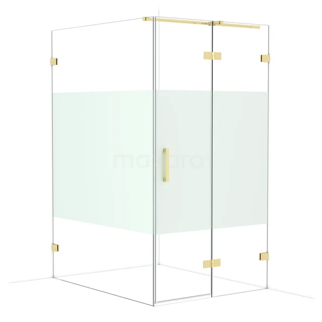 Glas Duschkabine quadratisch mit mattgläsernem Streifen, goldfarbene Details, ideal für eine moderne Badezimmer Einrichtung.