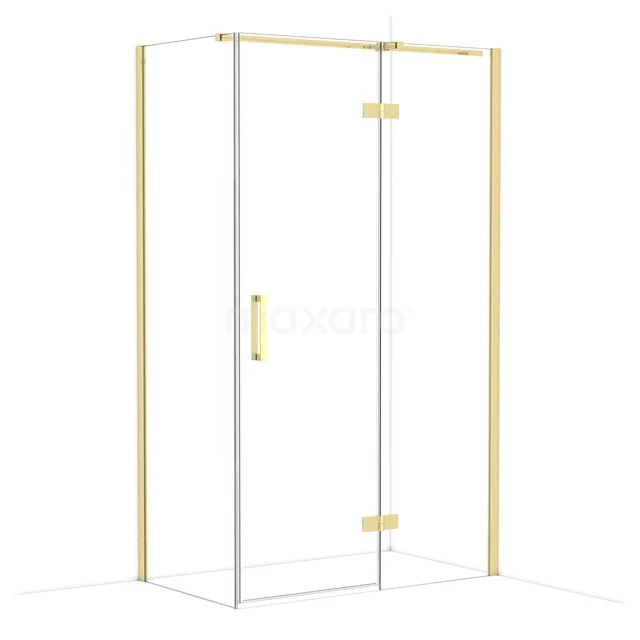 Glass shower cabin with golden accents, rectangular design, perfect as a modern bathroom furniture.