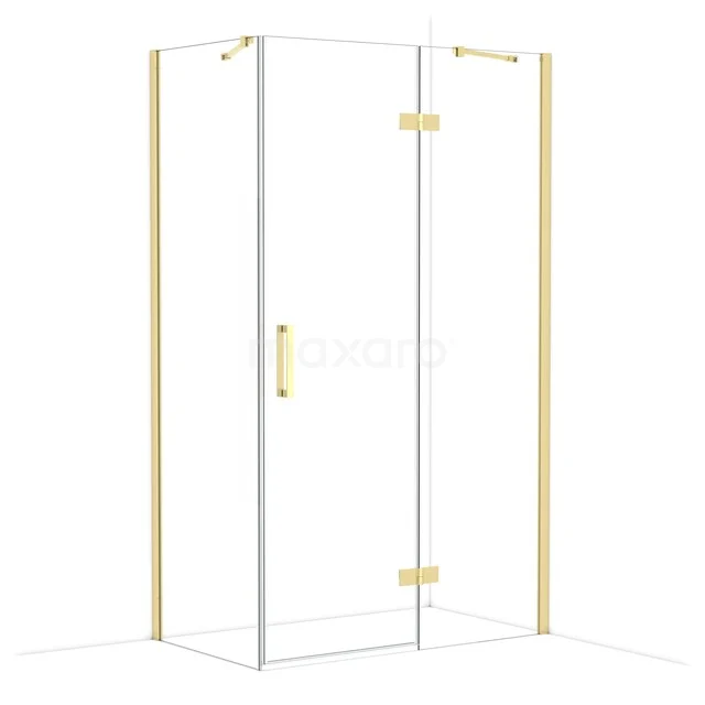 Douchecabine met gouden accenten, hoekig design, helder glas en messing beslag, ideaal voor een stijlvolle badkamer.