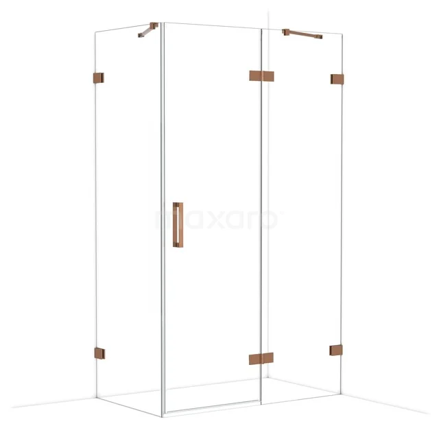 Glas Duschkabine mit Eckinstieg, Klarglas und kupferfarbenen Akzenten, ideal für einen stilvollen Badezimmer.