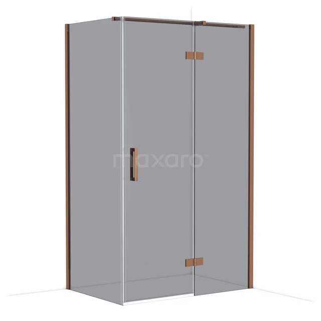 Glass shower cabin with corner entry, copper-coloured metal details and sleek design, ideal for a modern bathroom style.