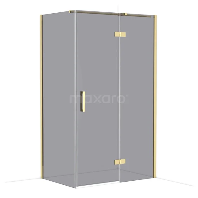 Glasene Eckdusche mit goldfarbenen Akzenten, schlankem Design und Drehtüren; ideal für ein modernes Badezimmer.