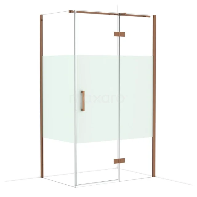 Shower cabin with corner entry, clear glass, copper-coloured profiles and frosted glass detail; modern bathroom design.