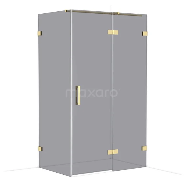 Grey shower cabin with golden hinges, glass door and minimalist design for modern bathrooms.