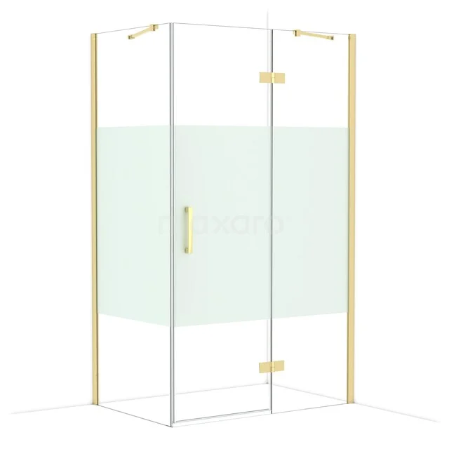 Gouden douchecabine met helder glas, vierkant ontwerp en matglas detail, perfect voor een moderne badkamerstijl.