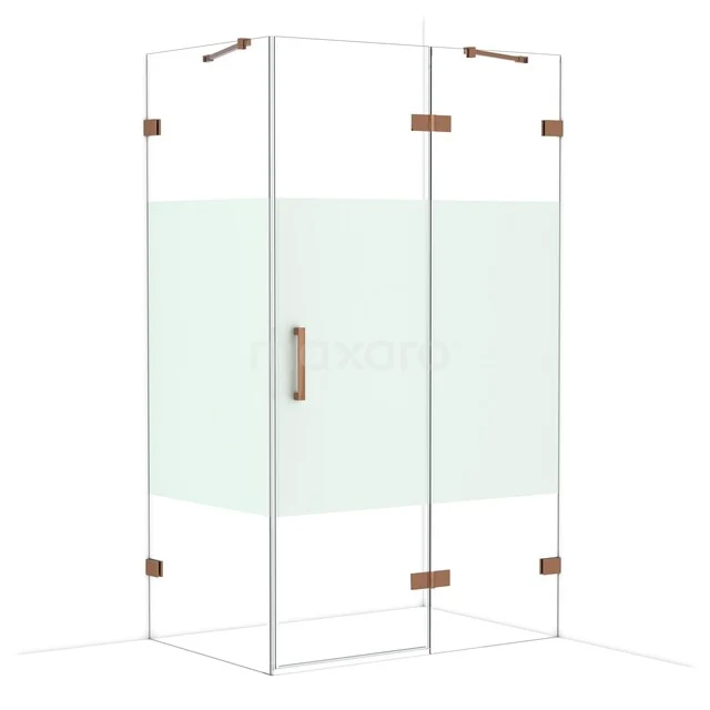 Glass shower cabin with frosted section, brass hinges and square shape; stylish design for modern bathroom.