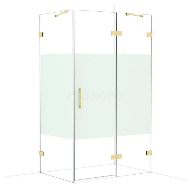 Glazen douchecabine met goudkleurige scharnieren, helder glas en modern design, perfect voor een stijlvolle badkamer inrichting.