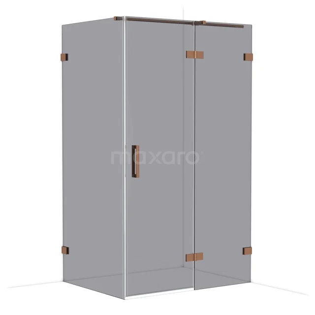 Grijze glazen douchecabine met bronskleurige scharnieren, modern design voor een stijlvolle badkamer.