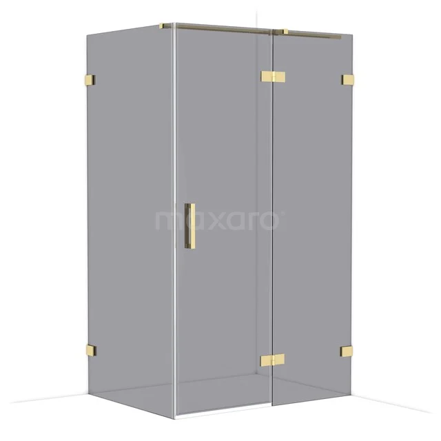 Grey corner shower cabin with gold hinges and handle, modern design for luxury bathroom.