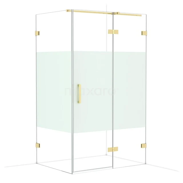 Glas Duschkabine mit goldfarbenen Akzenten und mattgläsernem Streifen, elegantes Badezimmerdesign für moderne Bäder.