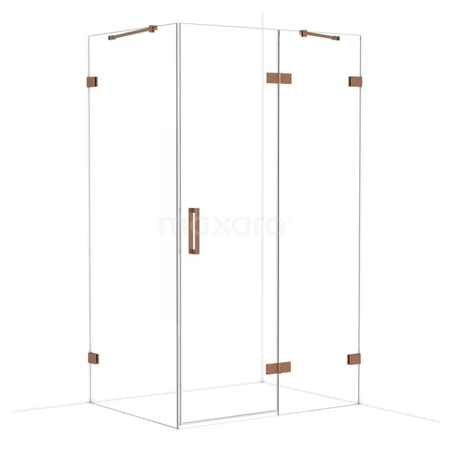 Glass shower cabin with copper accents and modern corner shape, perfect addition to a stylish bathroom decor.