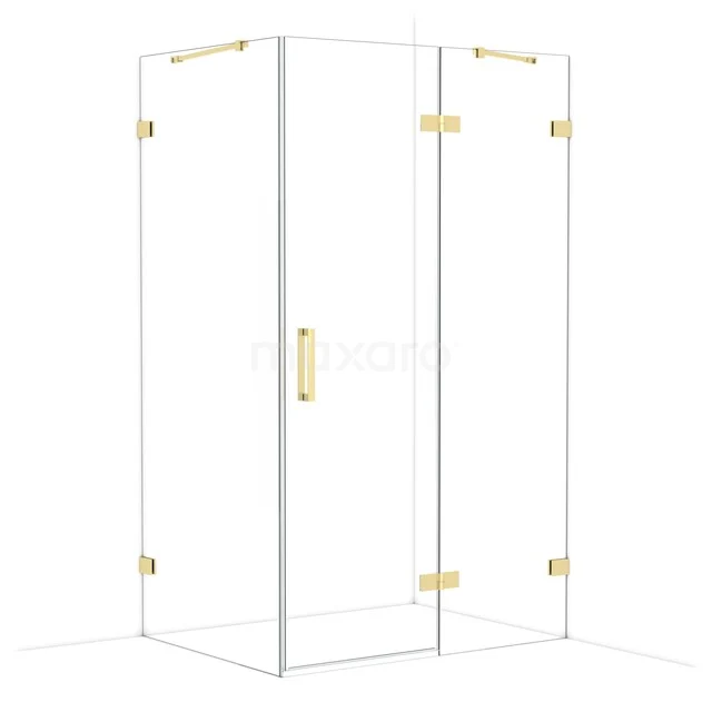 Glass shower cabin with gold-coloured hinges and handle, elegant corner design with sleek, minimalist bathroom design.
