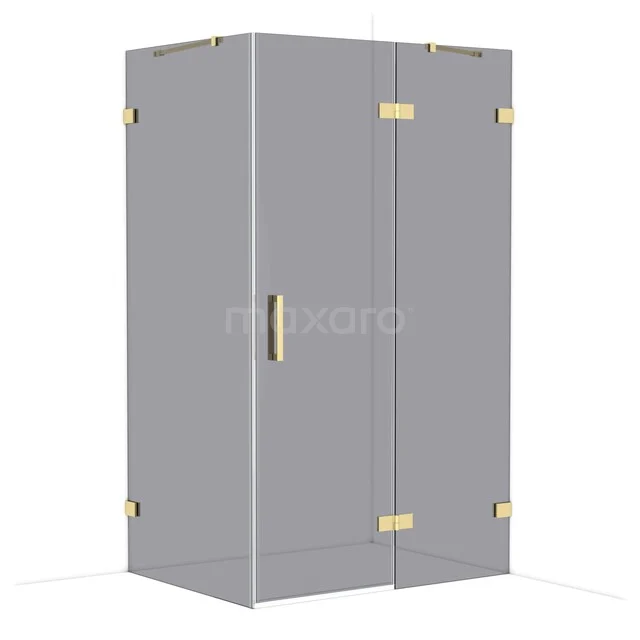 Grey glass shower cabin with gold accents, sleek design and corner entry, ideal for a modern bathroom.