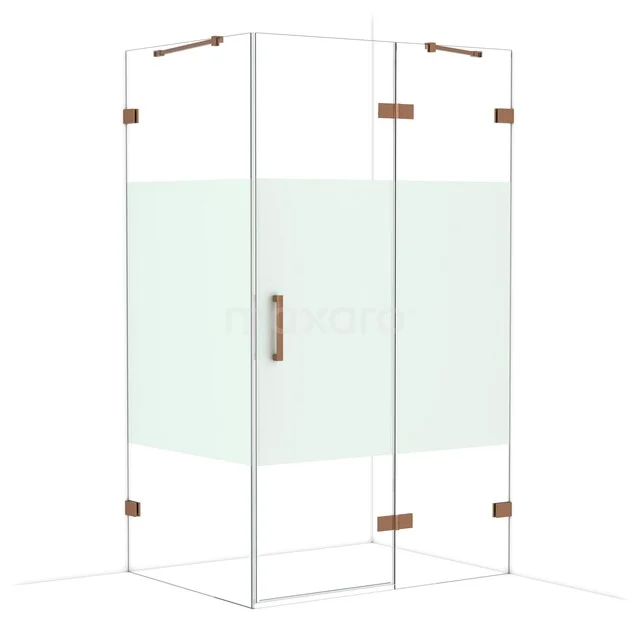 Diamond Shower enclosure | 120x90 cm Shiny copper Clear with matt strip Pivot door Rectangle CDB226609423GKP Glazen douchecabine met vierkante vorm, helder glas en mat wit paneel, voorzien van roestvrijstalen scharnieren en handgreep.