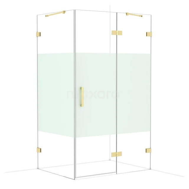 Glass shower cabin with gold-coloured fittings, modern design and frosted glass, ideal for an elegant bathroom style.
